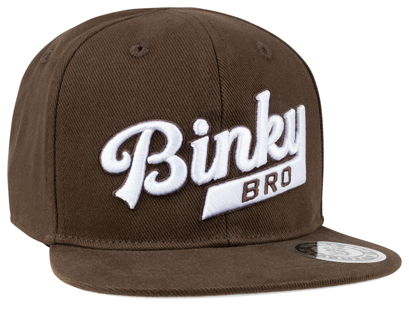Brown snapback hat featuring a white embroidered "Binky Bro" logo, designed for stylish infants and toddlers.