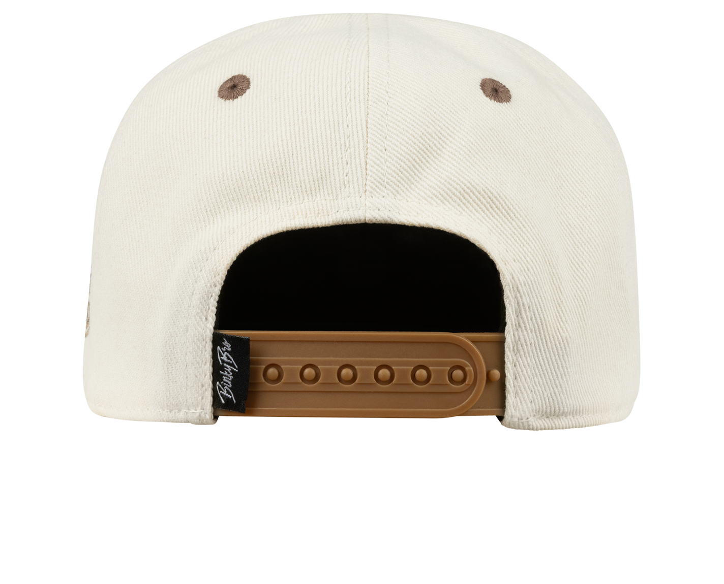 Back view of the Payson snapback hat featuring a cream fabric and adjustable brown strap, designed for kids.
