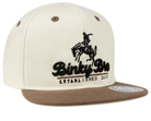 Stylish cream snapback hat with brown brim featuring Binky Bro logo and cowboy graphic, perfect for kids' outdoor adventures.