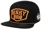 Black snapback hat featuring an orange embroidered Binky Bro logo and a decorative braided strap. Perfect for stylish kids.