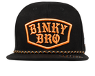 Black snapback hat featuring an orange embroidered "Binky Bro" logo and a decorative braided band. Ideal for stylish kids.