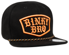 Black snapback hat featuring an orange embroidered "Binky Bro" logo and a decorative braided trim. Stylish for kids.