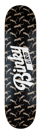 Stylish skateboard deck featuring a black background with a unique leopard pattern and bold white "BinkyBro" logo.