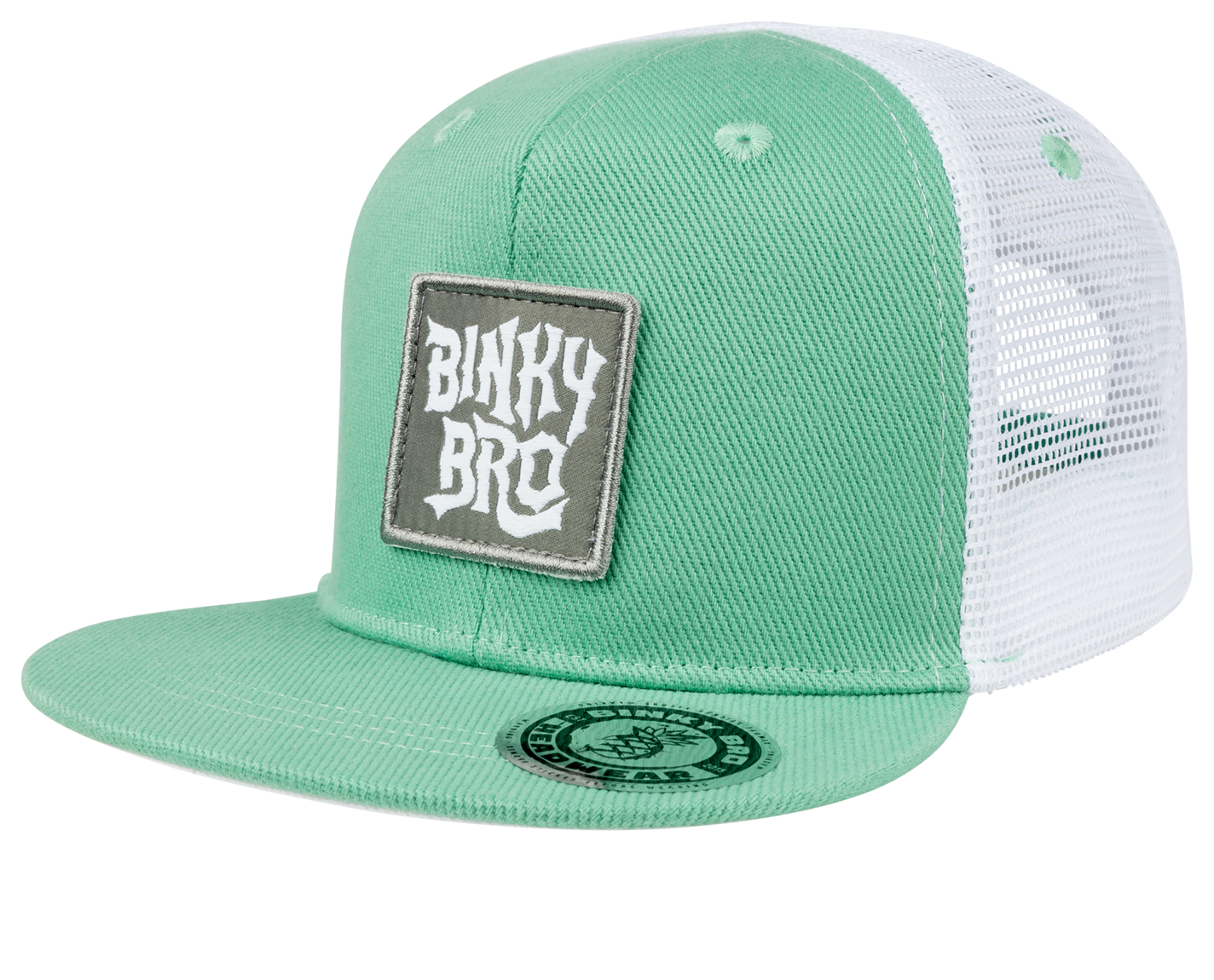 Stylish mint green snapback hat with a white mesh back and a BinkyBro logo patch, perfect for kids' outdoor adventures.