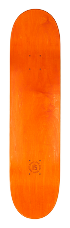 Orange skateboard deck featuring a smooth finish and minimalistic design, ideal for skateboarding enthusiasts.