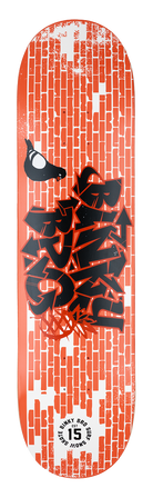 Skateboard deck featuring bold black graffiti-style text on a red brick background, designed for stylish youth skaters.