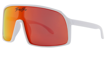 Stylish Monteverde Cardinal sunglasses with a white frame and vibrant red mirrored lenses, perfect for outdoor adventures.