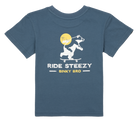 Blue toddler t-shirt featuring a playful graphic of a bear on a skateboard with the text "Ride Steezy" below.