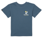 Blue t-shirt featuring a playful graphic of a character riding a skateboard with "Ride Steezy" text, perfect for active kids.