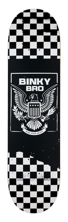 Black and white skateboard deck featuring a checkered pattern and an eagle graphic with the Binky Bro logo.