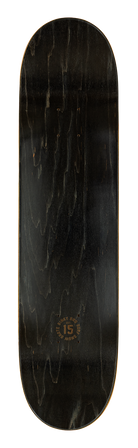 Black wooden skateboard deck with a smooth finish and subtle grain pattern, featuring the number 15 embossed on the bottom.