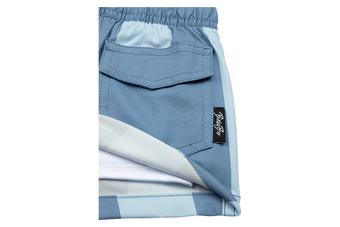 Stylish blue swim shorts featuring a pocket and BinkyBro label, perfect for kids' summer adventures.