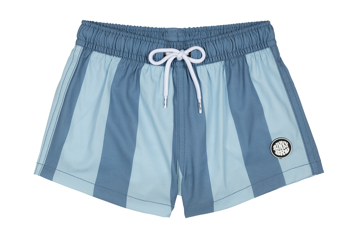 Stylish blue striped swim shorts with an elastic waistband and drawstring, perfect for kids' summer adventures.