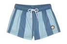 Stylish blue striped swim shorts with an elastic waistband and drawstring, perfect for kids' summer adventures.