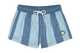 Stylish blue striped swim shorts with an elastic waistband and drawstring, perfect for kids' summer adventures.