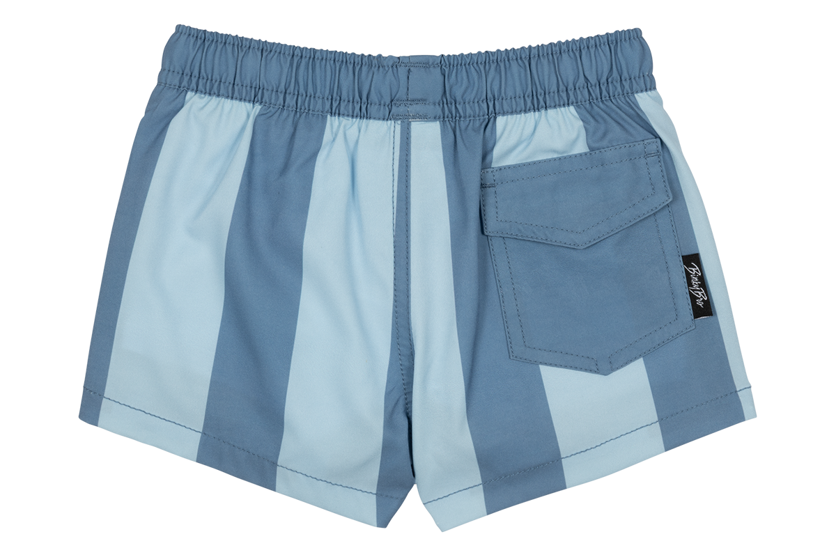 Stylish blue striped swim shorts for kids featuring an elastic waistband and a back pocket. Perfect for beach days.