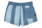 Stylish blue striped swim shorts for kids featuring an elastic waistband and a back pocket. Perfect for beach days.