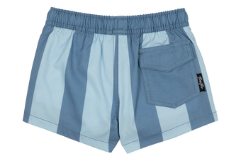Stylish blue striped swim shorts for kids featuring an elastic waistband and a back pocket. Perfect for beach days.