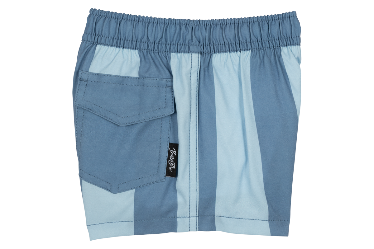 Blue striped swim shorts with an elastic waistband and a side pocket, designed for kids' active summer adventures.