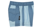 Blue striped swim shorts with an elastic waistband and a side pocket, designed for kids' active summer adventures.