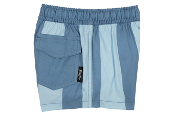 Blue striped swim shorts with an elastic waistband and a side pocket, designed for kids' active summer adventures.