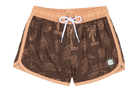 Brown swim shorts featuring a playful pattern of pineapples, palm trees, and summer icons, ideal for kids' beachwear.