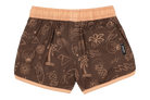 Brown swim shorts featuring a playful pattern of skulls, palm trees, and tropical elements, perfect for kids' summer fun.