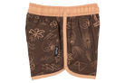 Stylish brown swim shorts featuring a fun pattern of skulls, palm trees, and geometric shapes, perfect for kids.