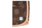 Stylish Rocky Shore sun hat featuring a brown fabric with playful beach-themed patterns and a BinkyBro logo.