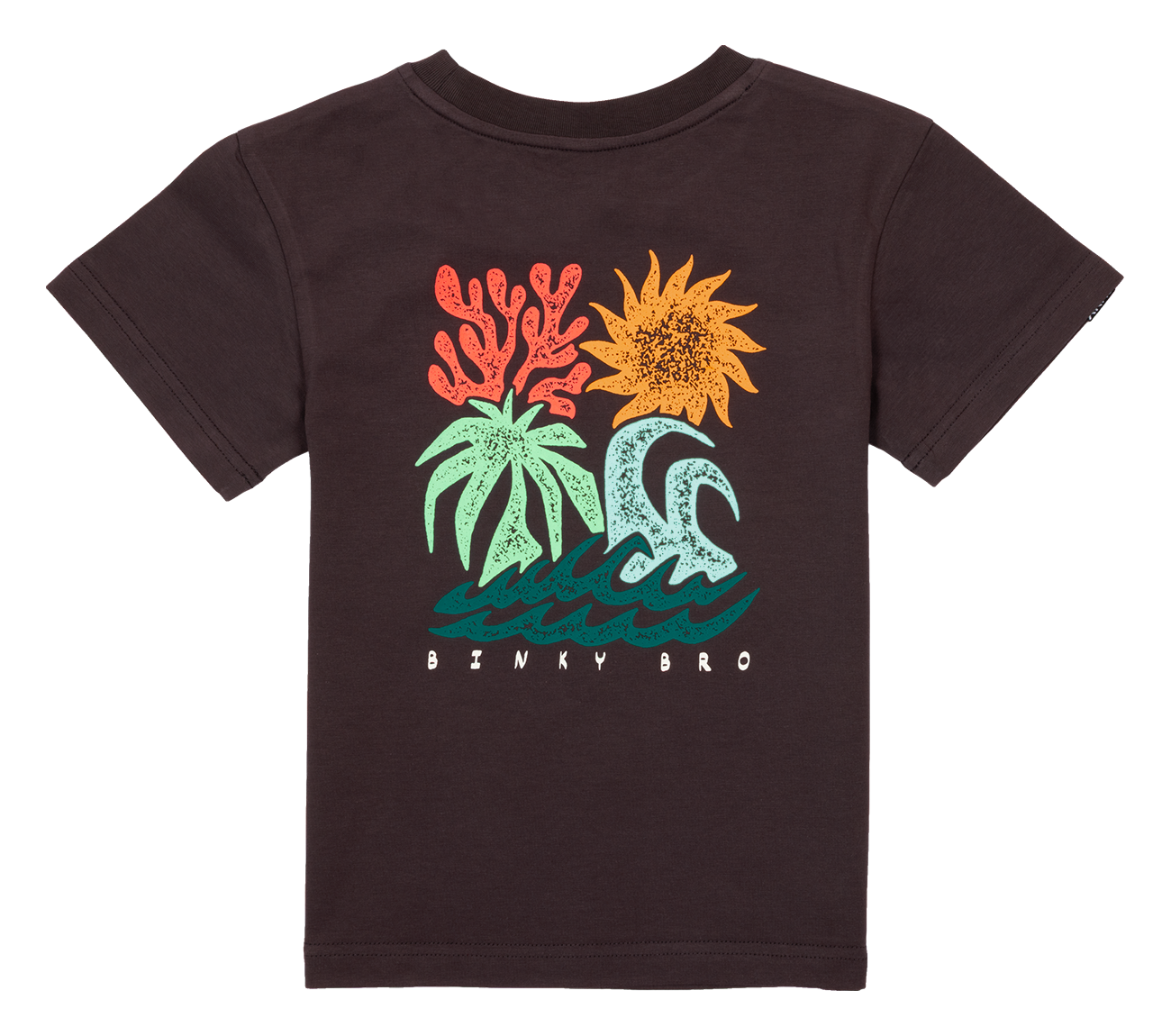 Stylish dark t-shirt featuring a vibrant graphic of coral, a sun, palm trees, and waves, perfect for kids' surf lifestyle.