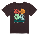 Stylish dark t-shirt featuring a vibrant graphic of coral, a sun, palm trees, and waves, perfect for kids' surf lifestyle.