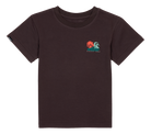 Stylish dark brown t-shirt featuring colorful palm tree and wave graphics, perfect for kids' surf and skate lifestyle.