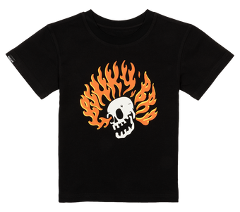 Black t-shirt featuring a skull with fiery orange flames, designed for kids with a cool, edgy style.