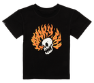 Black t-shirt featuring a skull with fiery orange flames, designed for kids with a cool, edgy style.