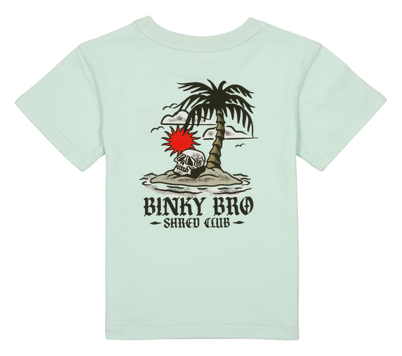 Light mint green t-shirt featuring a graphic of a palm tree and skull on an island with a sunburst, labeled Binky Bro Shred Club.