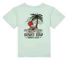 Light mint green t-shirt featuring a graphic of a palm tree and skull on an island with a sunburst, labeled Binky Bro Shred Club.
