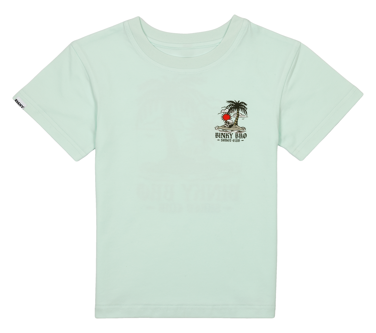 Light mint green t-shirt featuring a palm tree graphic and BinkyBro logo, perfect for stylish kids' casual wear.