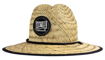 Stylish straw sun hat with a wide brim and Binky Bro Racing patch, perfect for kids' outdoor adventures.