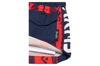 Stylish Stamped Crimson swim shorts featuring a mix of vibrant red and navy colors, perfect for active kids.