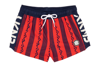 Stylish crimson swim trunks featuring a bold geometric pattern and contrasting navy accents, perfect for active youth.