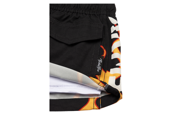 Stylish black swim trunks featuring a vibrant stamped flame design, perfect for kids who love surf and skate culture.