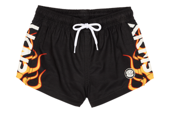Black swim shorts featuring vibrant stamped flame graphics on the sides and a white drawstring for adjustable fit.