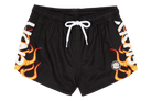 Black swim shorts featuring vibrant stamped flame graphics on the sides and a white drawstring for adjustable fit.