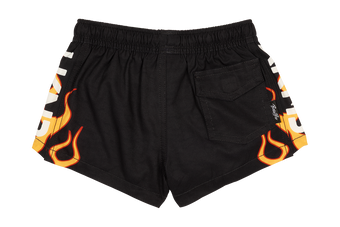 Black shorts featuring vibrant flame graphics on the sides and a back pocket, designed for a stylish, active look.