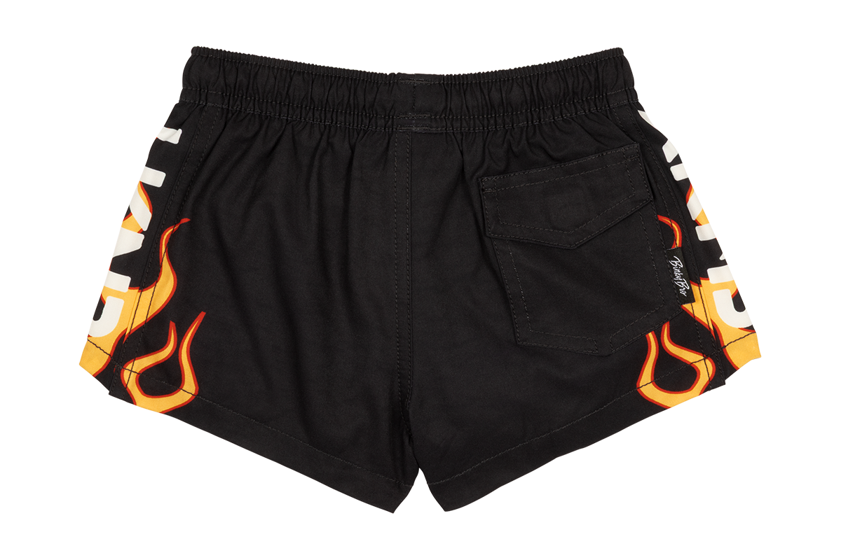 Black shorts featuring vibrant flame graphics on the sides and a back pocket, designed for a stylish, active look.