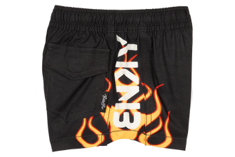 Black shorts featuring a bold flame design and a side pocket, perfect for active kids with a stylish edge.