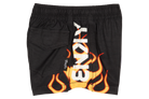 Black shorts featuring a bold flame design and a side pocket, perfect for active kids with a stylish edge.