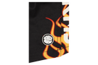 Close-up of a black fabric featuring bold stamped flame graphics and the BinkyBro logo, ideal for stylish kids' apparel.