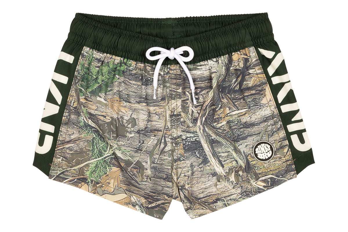 Stylish swim shorts featuring a forest camouflage print, perfect for kids who love outdoor adventures.