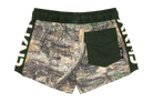 Stylish green shorts featuring a stamped forest camouflage design and a back pocket, perfect for active youth.